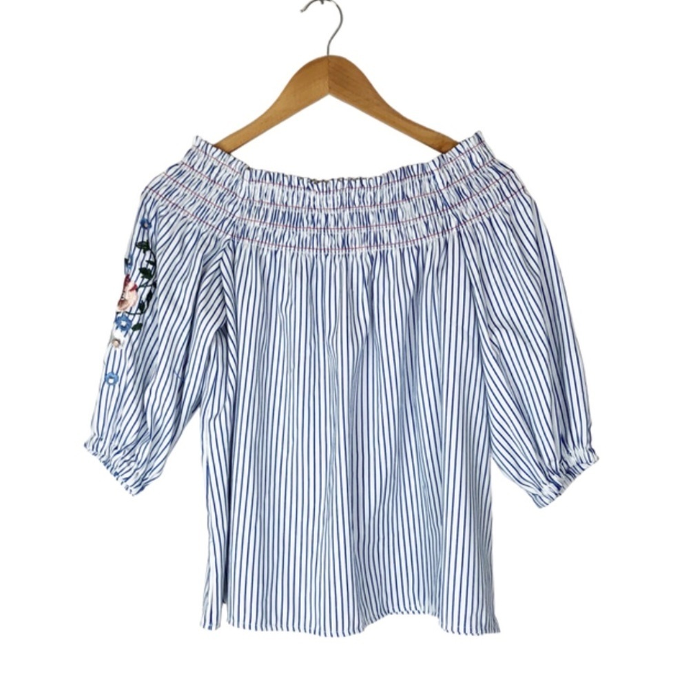 Rebellion Striped Off Shoulder Smocked Top Embroidered Floral‎ Puff Sleeve Blue